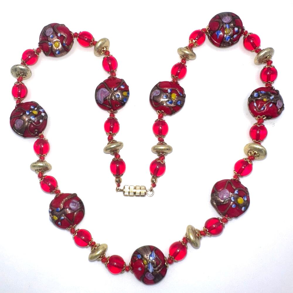 Vintage red gold Murano Venetian wedding cake art glass beads beaded necklace - Picture 2 of 7